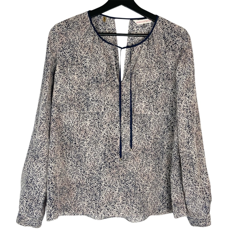 EUC Rebecca Taylor Dotted Split Tie Neck Long Sleeve Silk Blouse